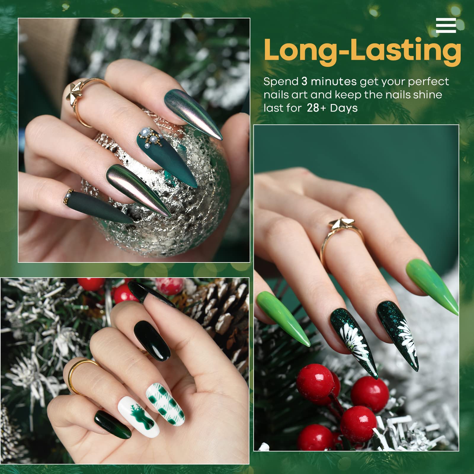 Modelones Gel: tono verde aguacate con destellos para looks elegantes.