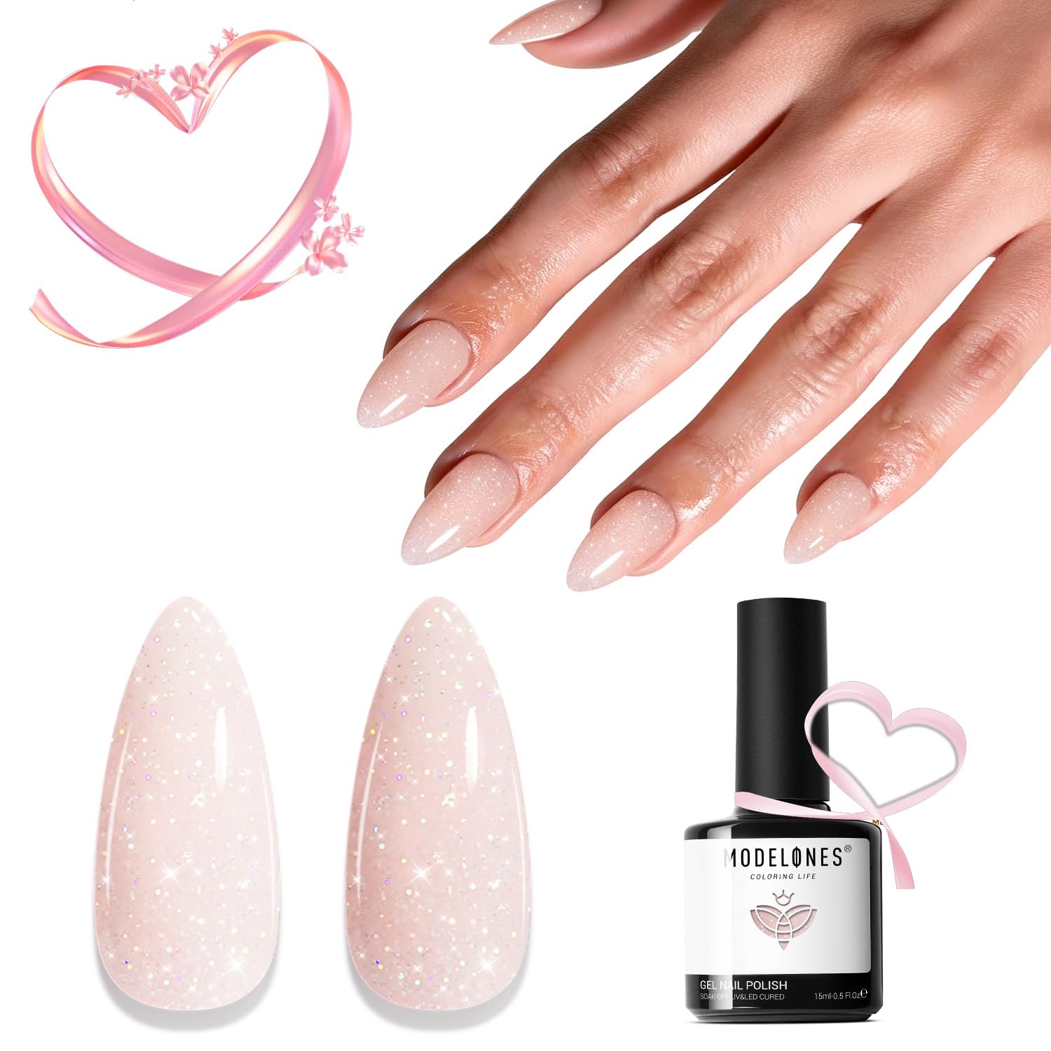 modelones glitter nude pink bottle with long-lasting shine for everyday nails.