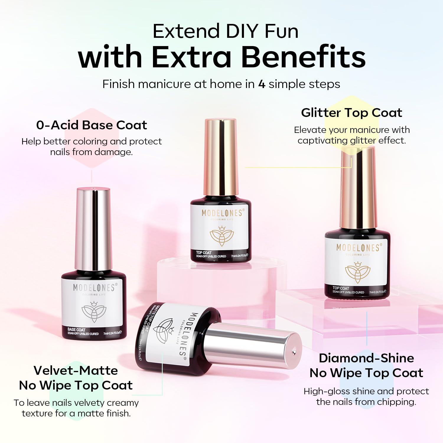 Modelones glitter top coat adds sparkle for festive nail art.