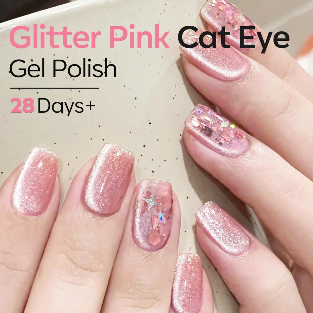 Modelones Heart Cat Eye layered over pink base creates a vibrant layered look.