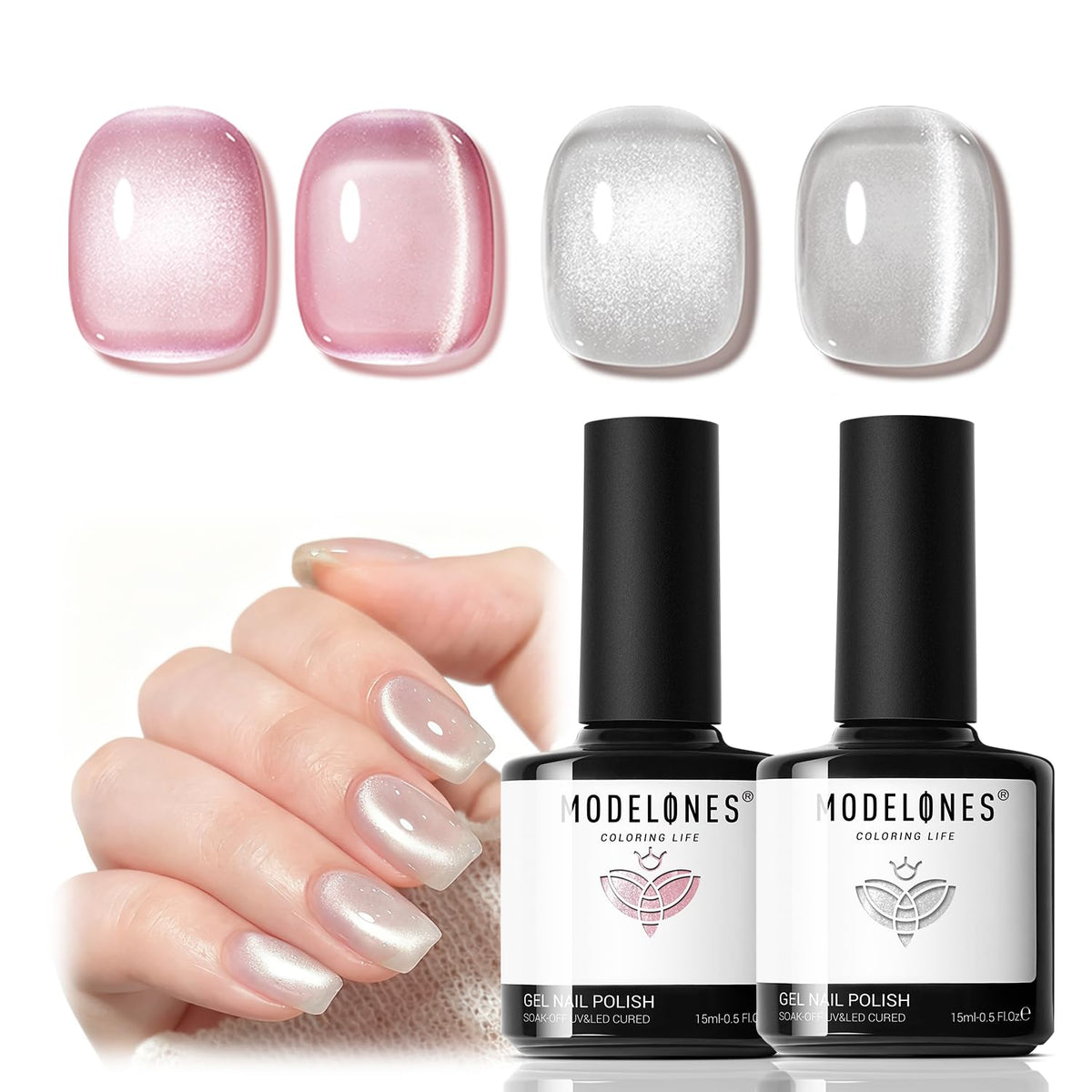 Modelones Heart Cat Eye Pink-Silver Glitter closeup shows holographic shine for glamorous nails.