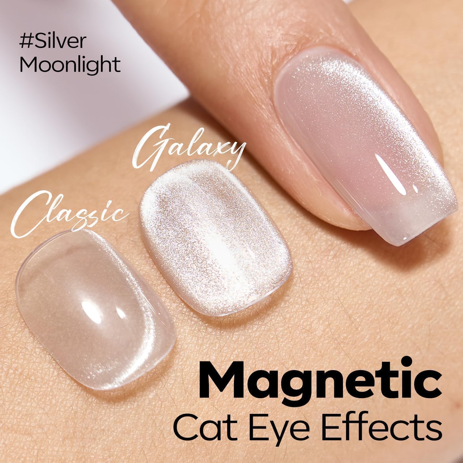 Modelones Heart Cat Eye Pink-Silver Glitter swatch highlights color-shifting shimmer on nails.