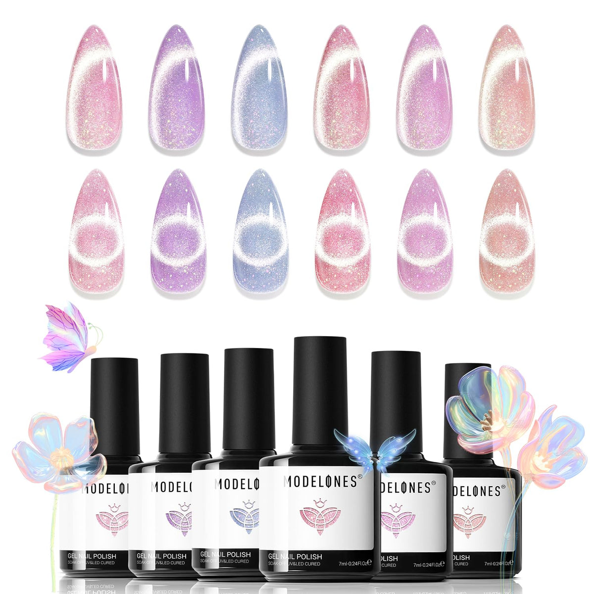 Modelones holographic cat-eye gel kit cover with iridescent glow and multiple colors
