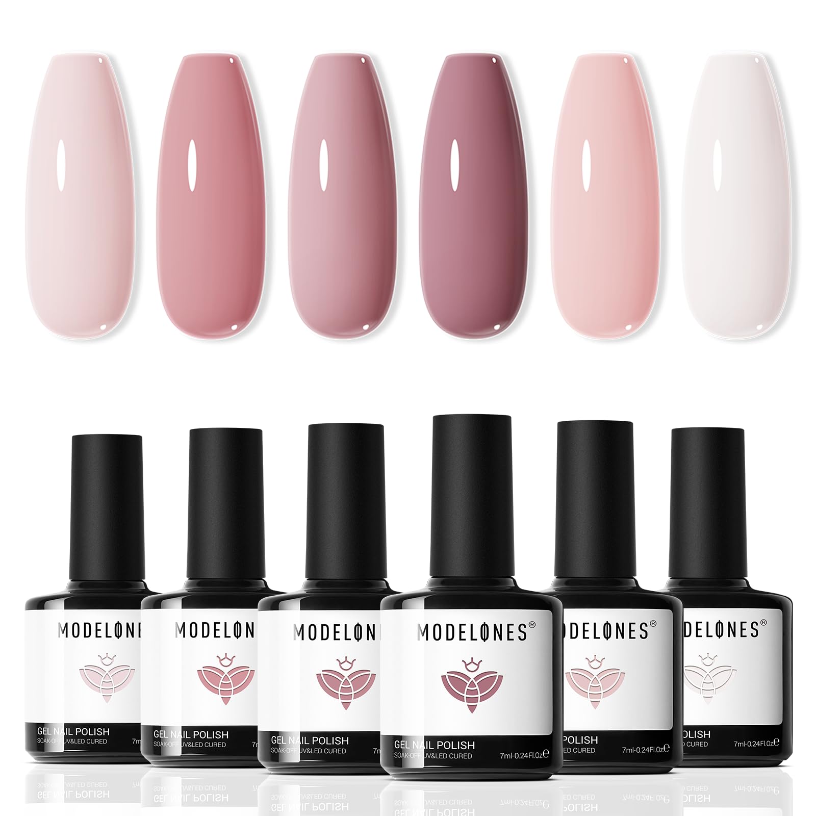 Set de esmaltes gel Modelones con seis tonos rosados neutros para uñas.