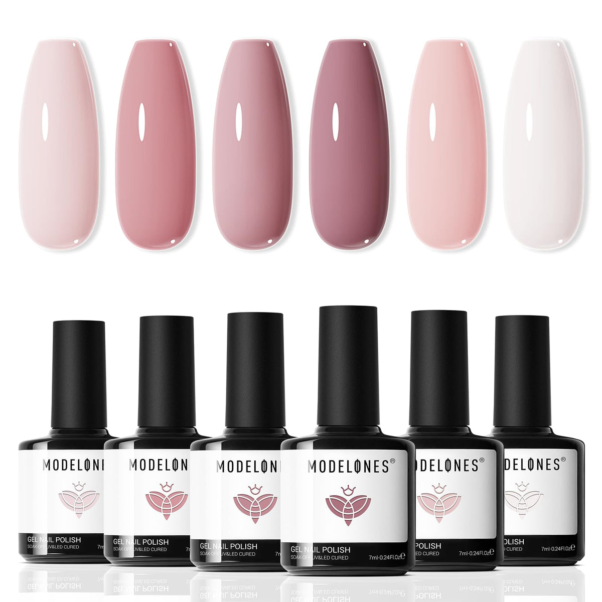 Set de esmaltes gel Modelones con seis tonos rosados neutros para uñas.