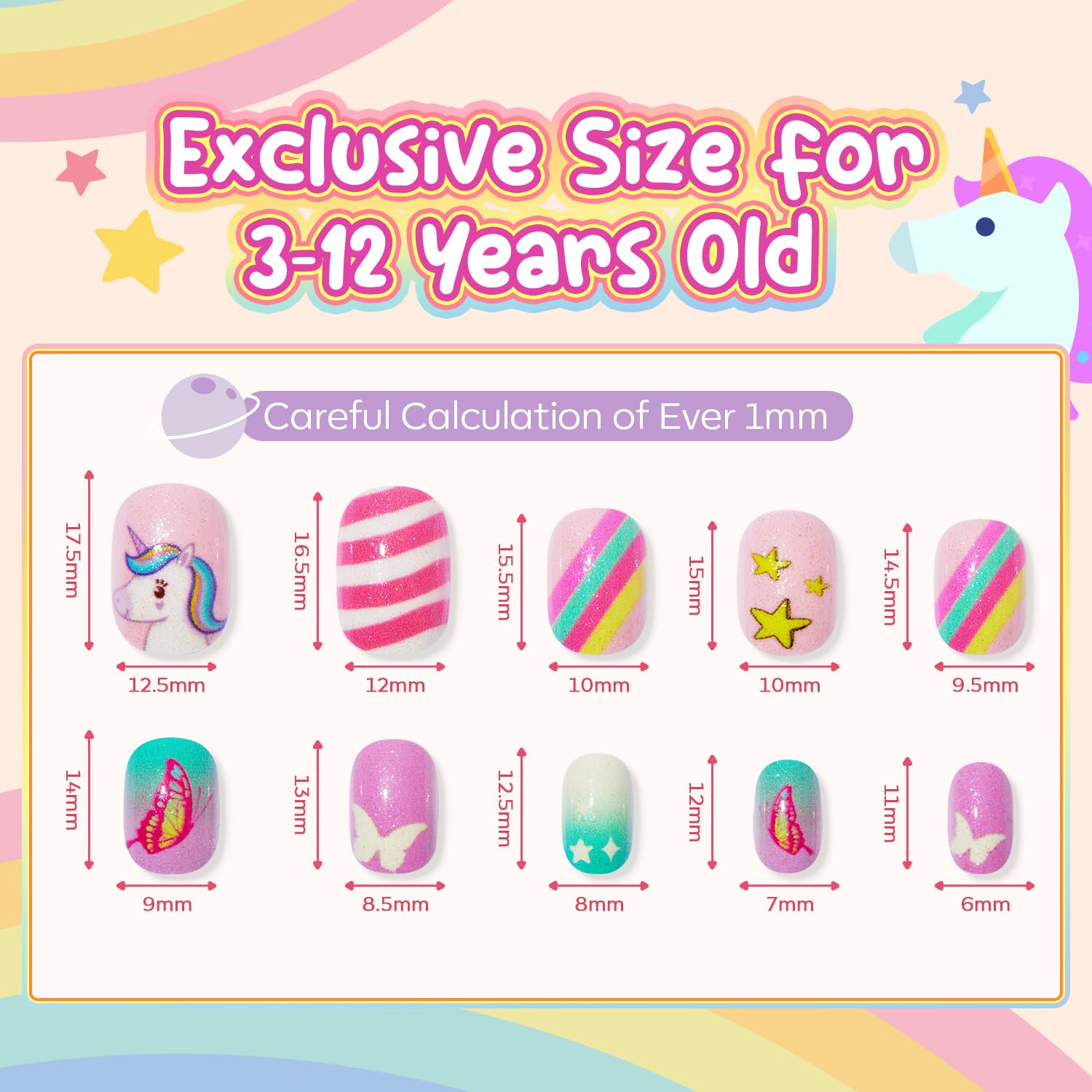 Modelones kids nails in a 6-pack set with glitter butterfly unicorn designs for celebrations.