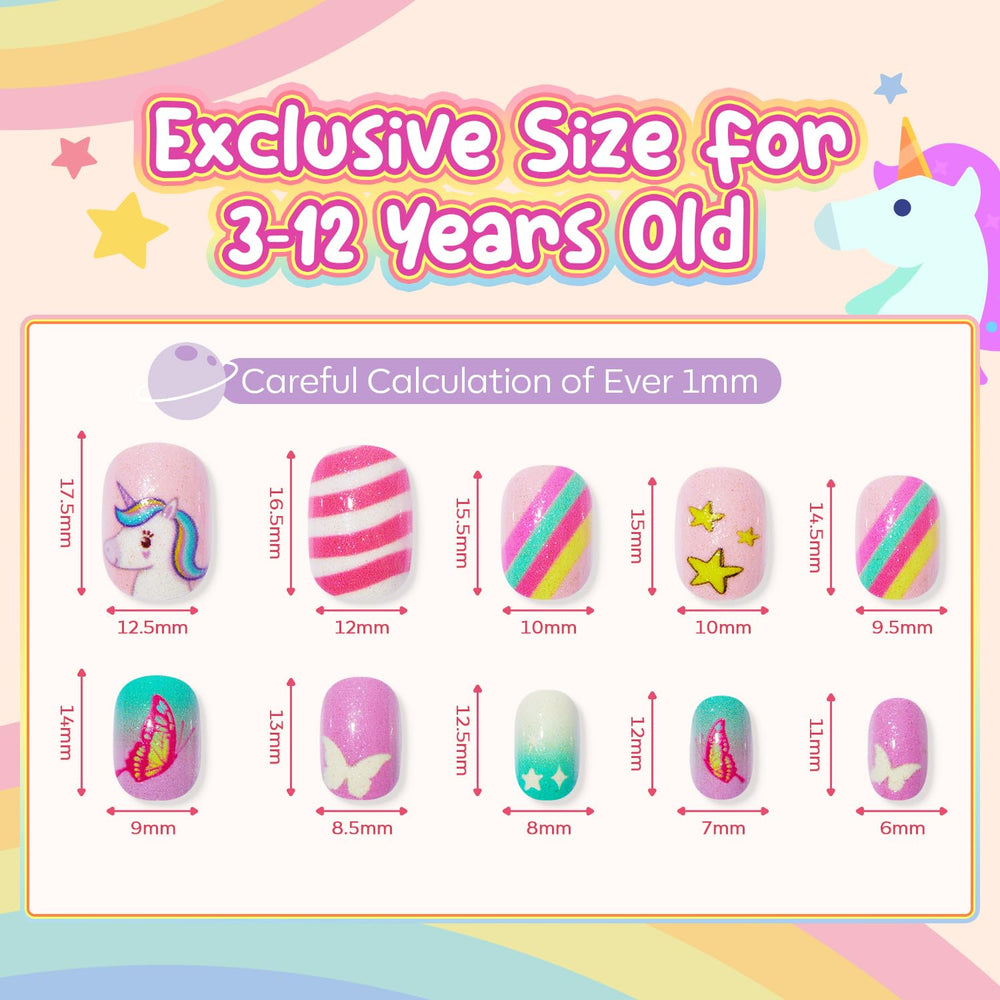 Modelones kids nails in a 6-pack set with glitter butterfly unicorn designs for celebrations.