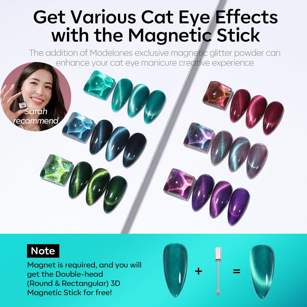 Modelones magnetic glitter effects add dynamic, moody shimmer with each stroke.