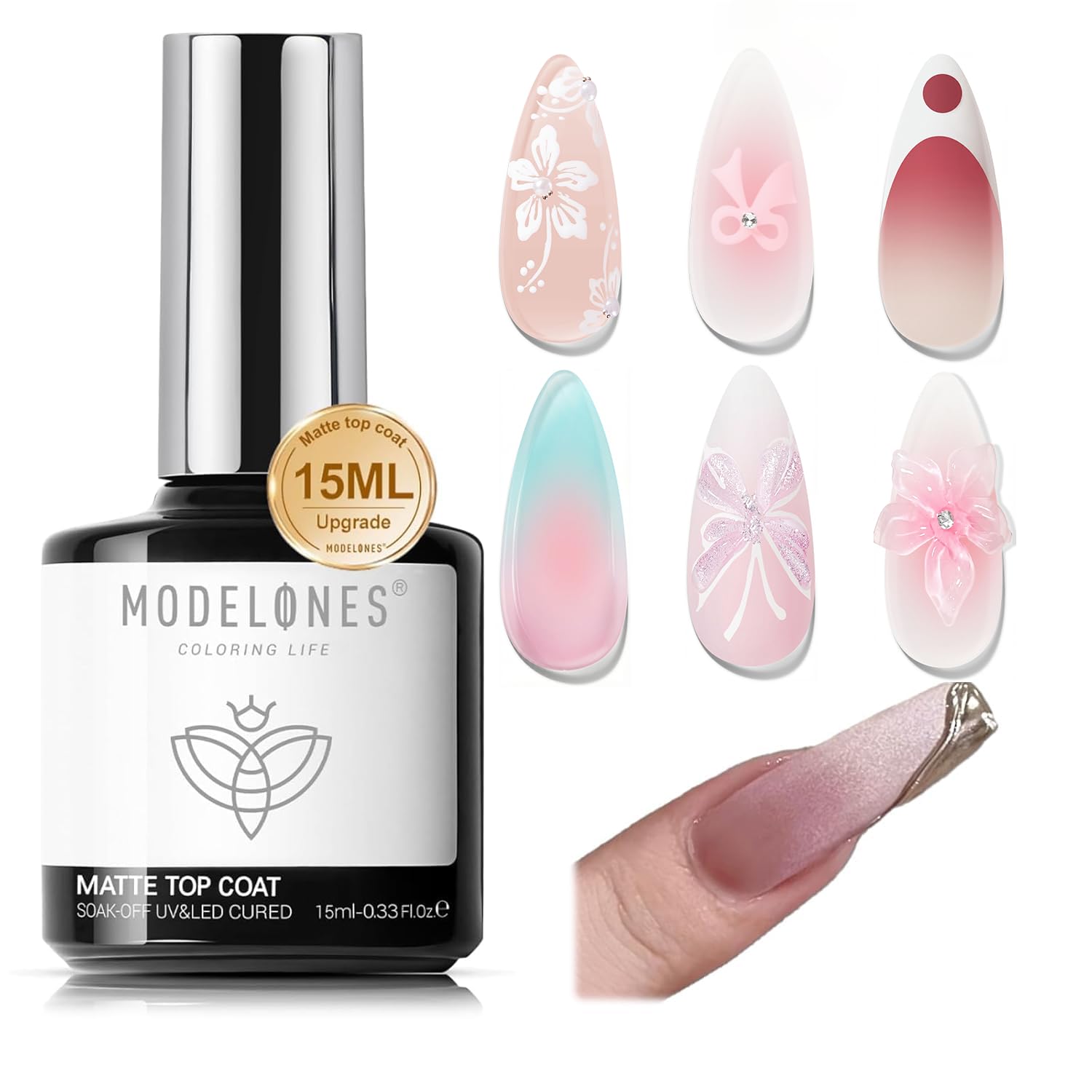 Modelones matte top coat 15ml bottle delivers a durable velvet matte finish.