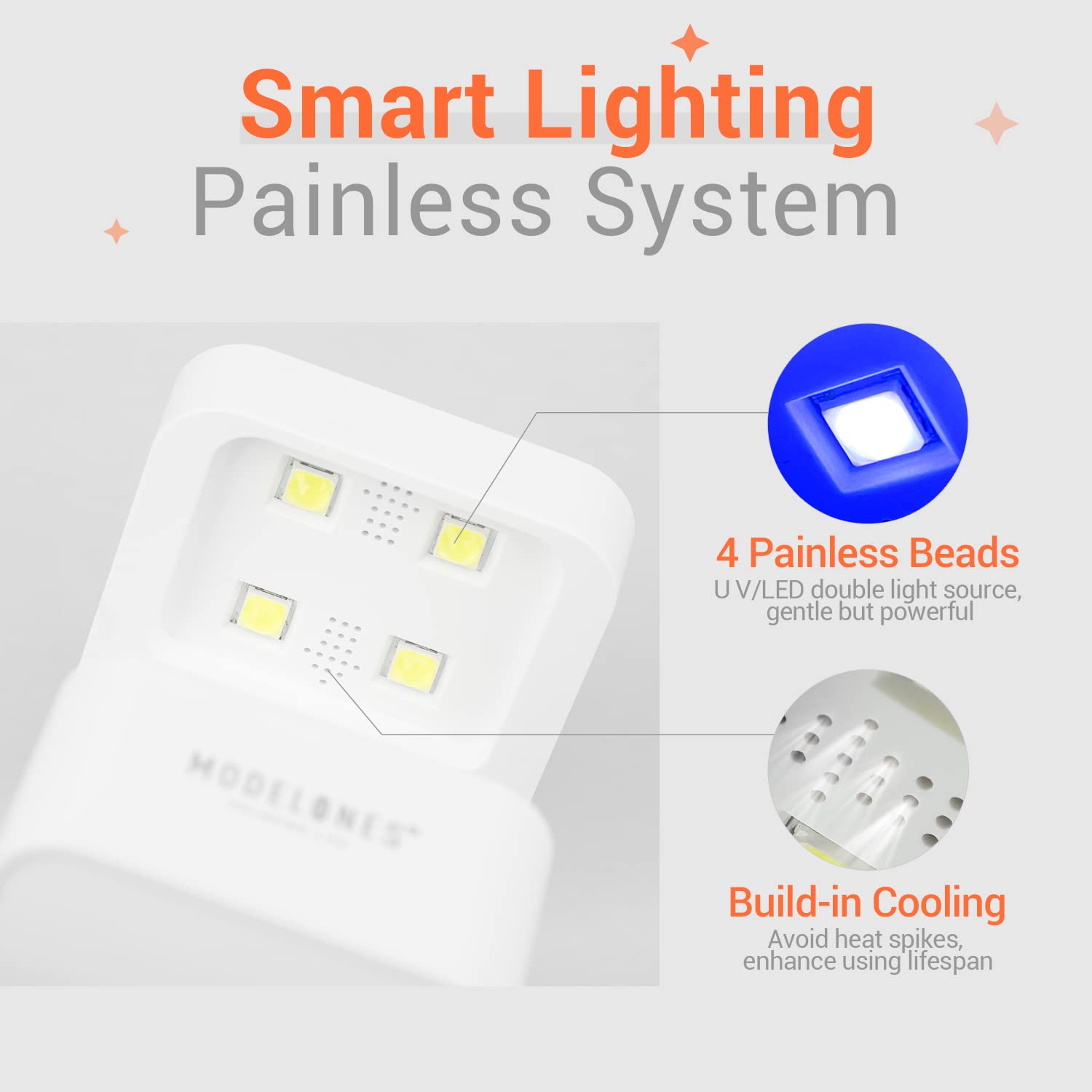 Modelones Mini UV Light demonstrates portable USB power for travel manicures.