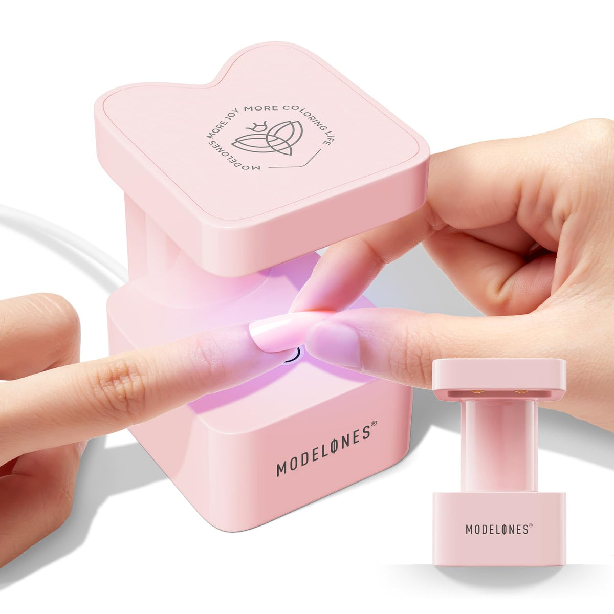 Modelones mini uv light pink front view for gel nails, portable cure on the go.
