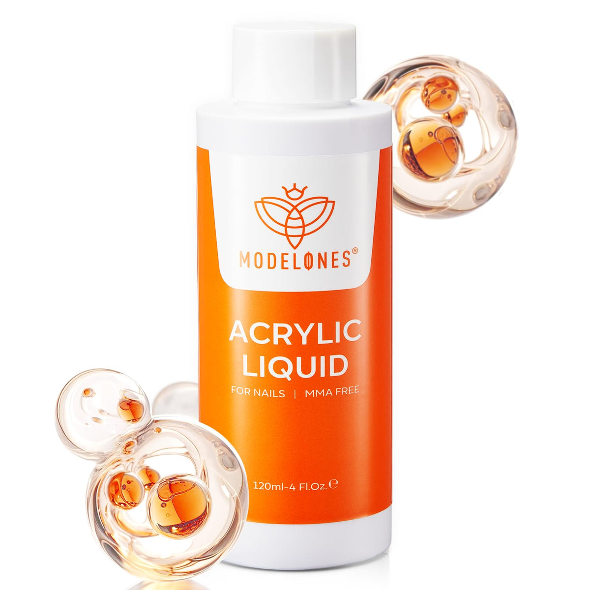 Modelones monomer liquid bottle closeup; clear formula supports natural nail safety