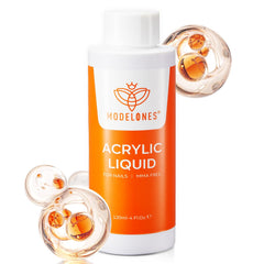 Modelones monomer liquid bottle closeup; clear formula supports natural nail safety