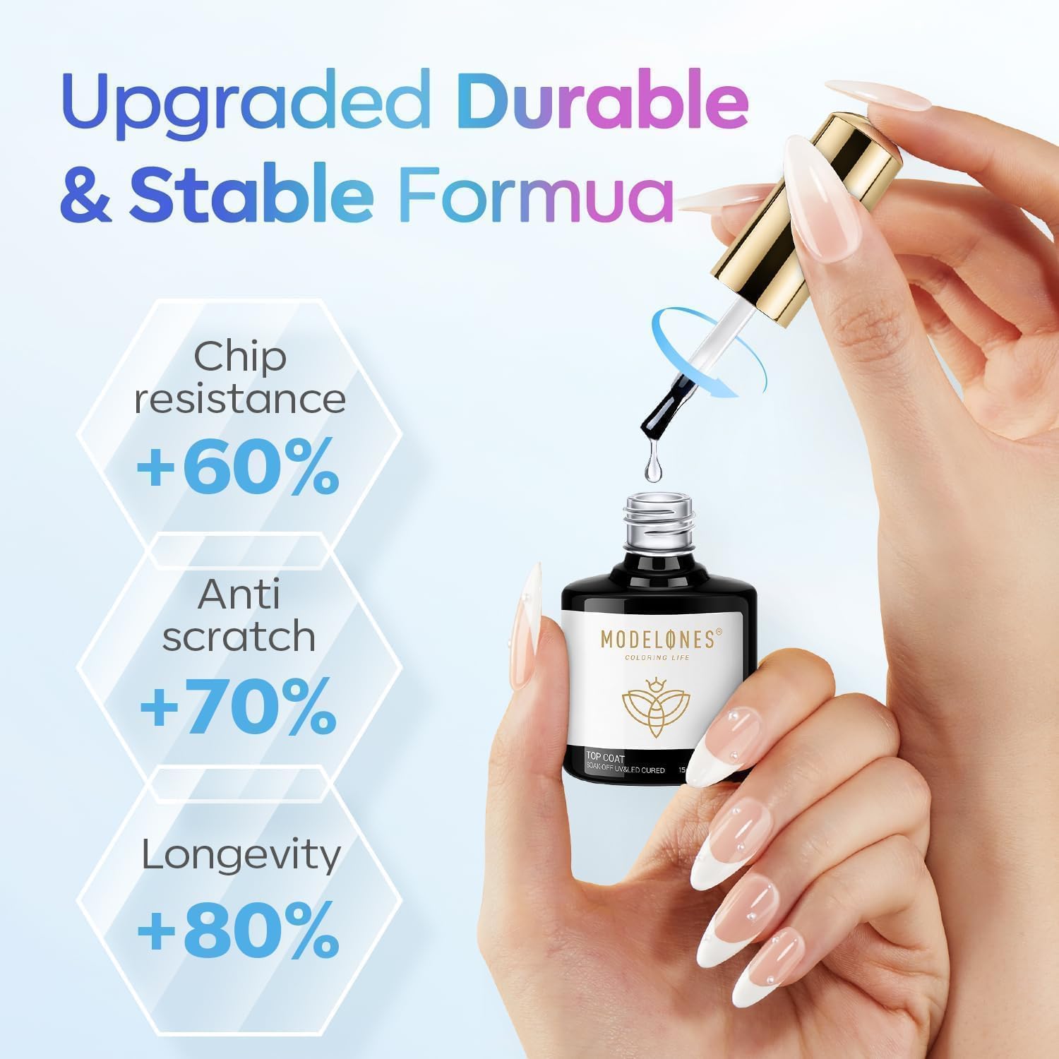 Nail art sealed with Modelones top coat for lasting shine.