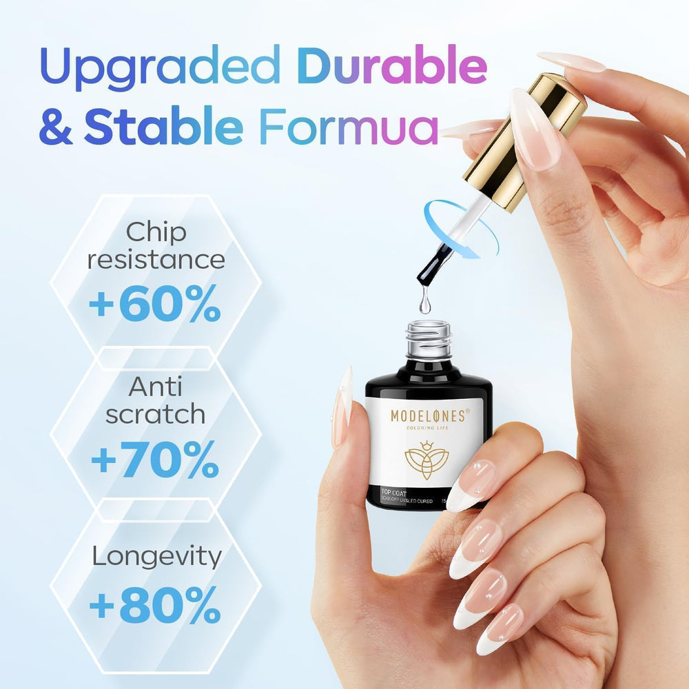 Nail art sealed with Modelones top coat for lasting shine.