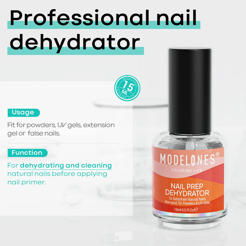 Modelones Nail Dehydrator label close-up showing acid-free formula for preparatory care