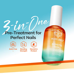 Modelones Nail Dehydrator and Primer label close-up shows key ingredients for healthy nails