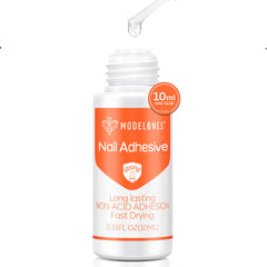 Modelones nail glue bottle closeup showing strong hold and quick bonding.