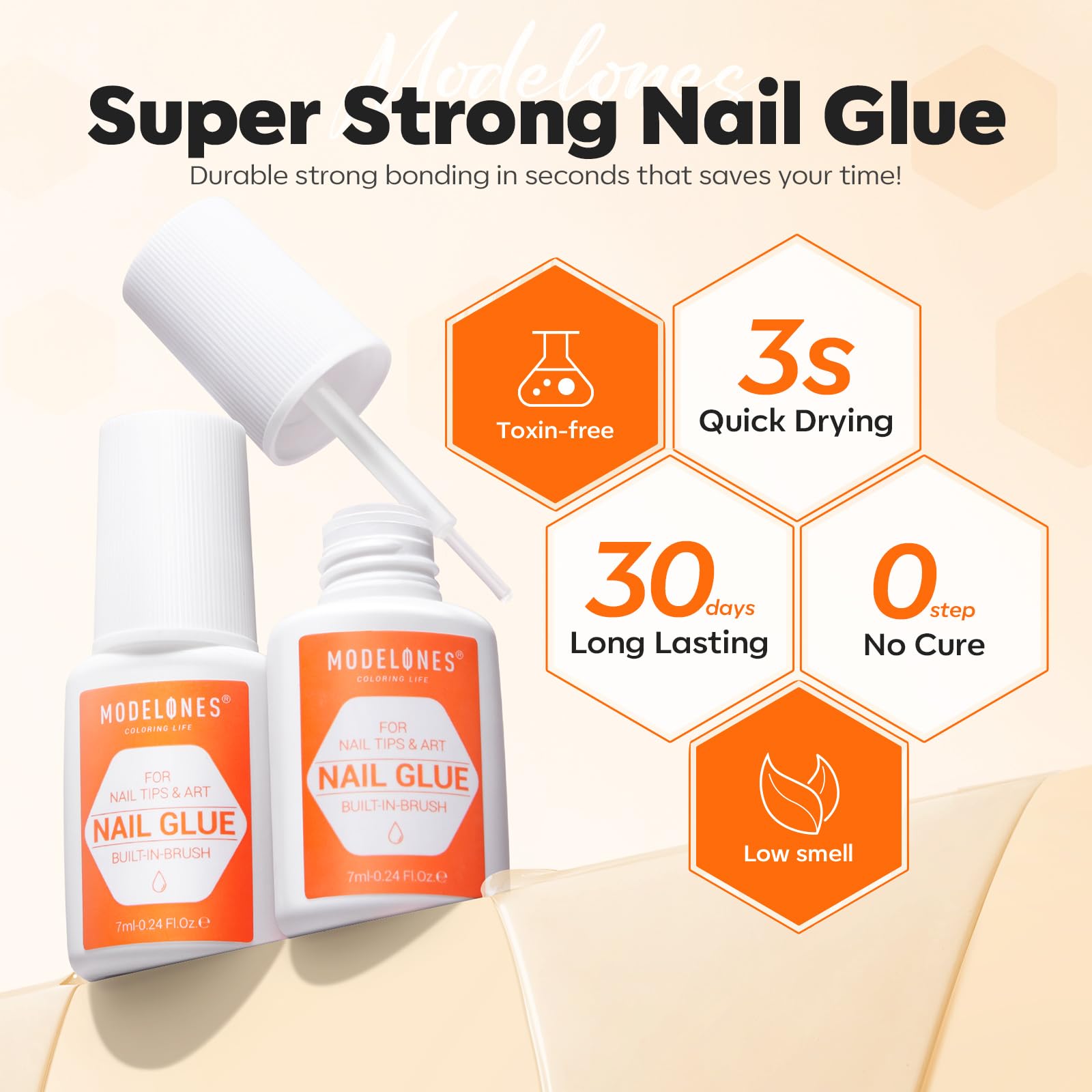 Close-up of Modelones nail glue brush applying thin layer