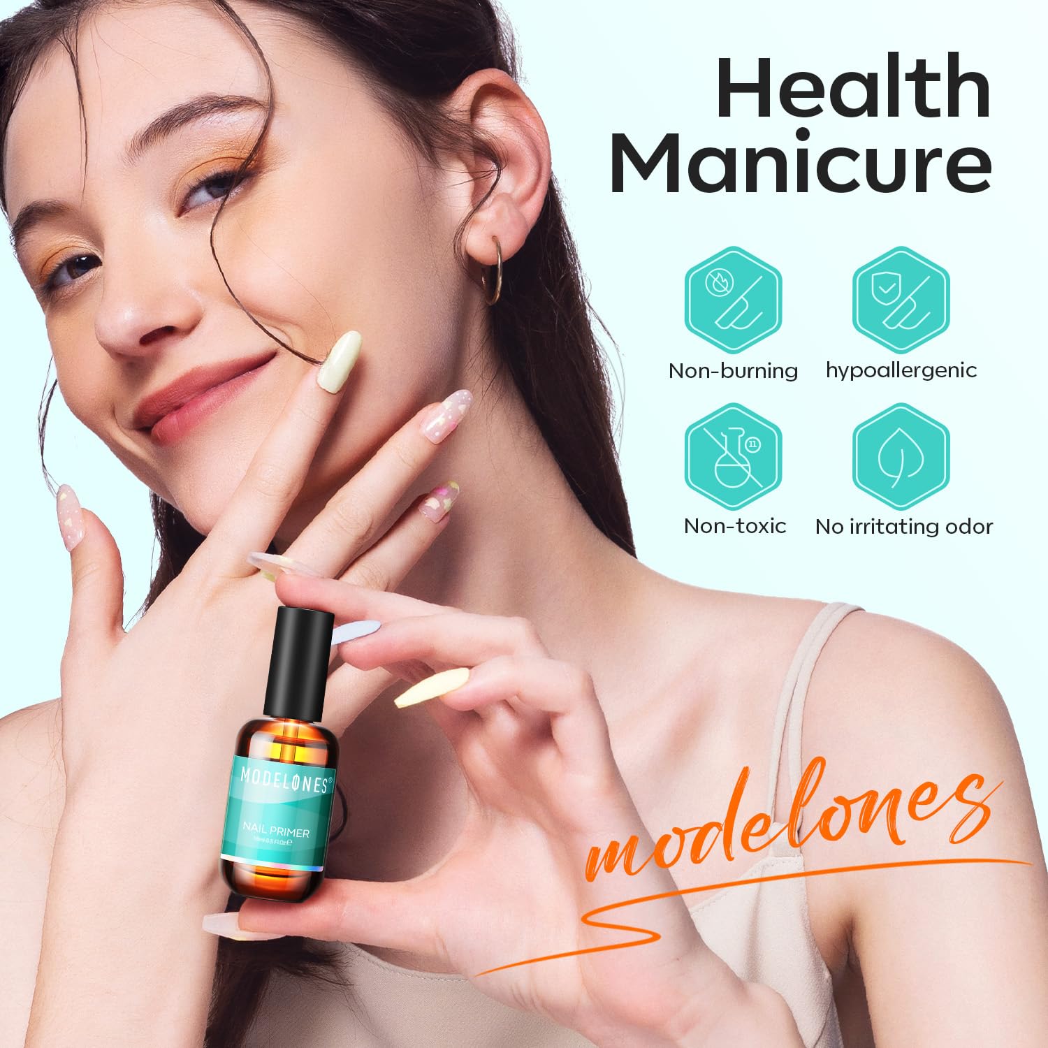 Modelones Nail Primer reminder—skin test before use.