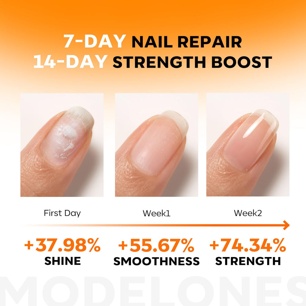 Modelones nail repair serum brush being used to nourish nails.