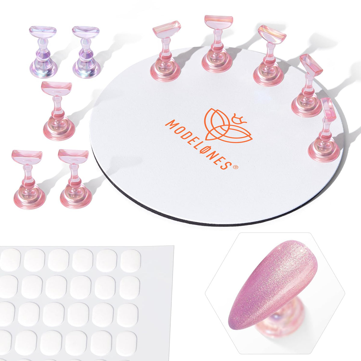 Modelones nail stand base for organized practice and display.