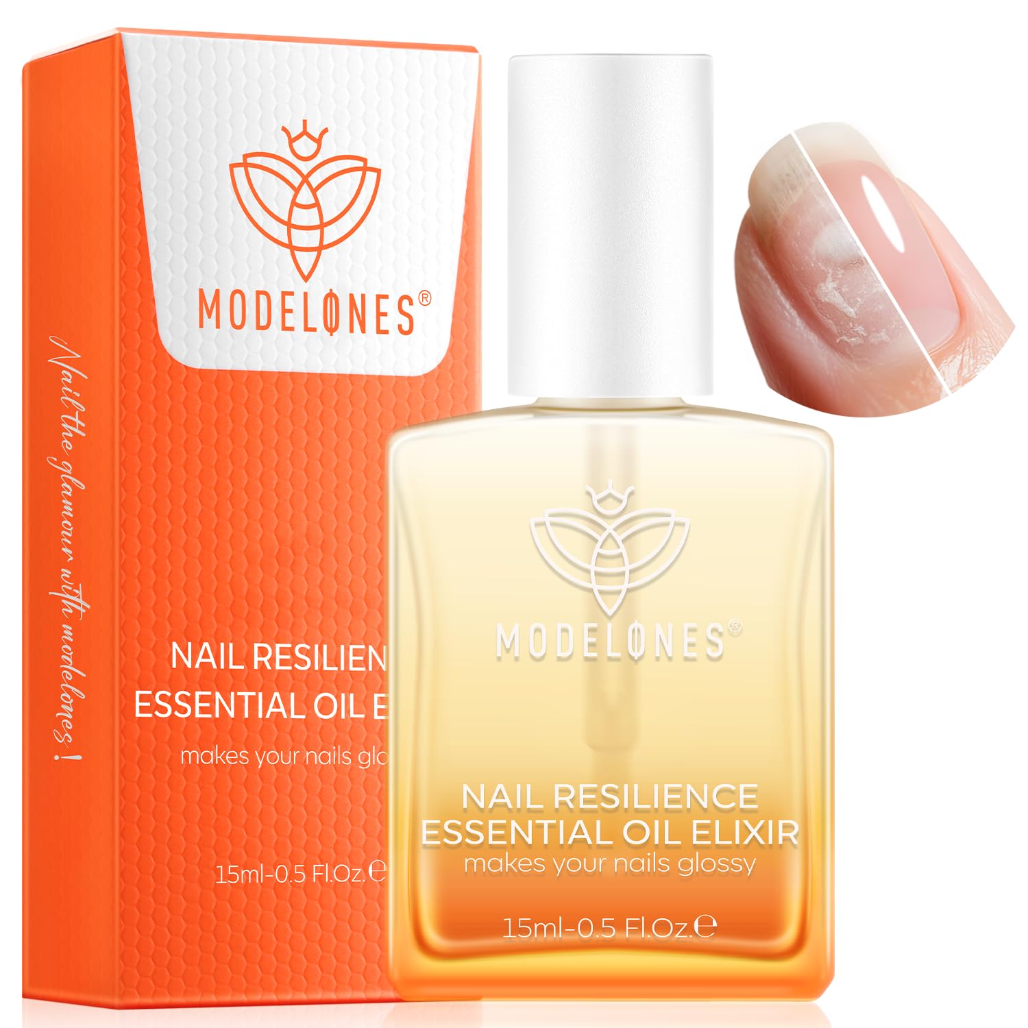 Modelones nail strengthener clear bottle for quick daily care and growth.