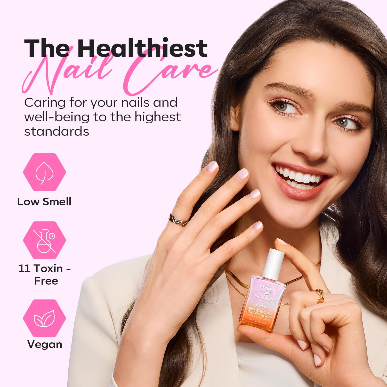 Modelones nails display natural shine after application.