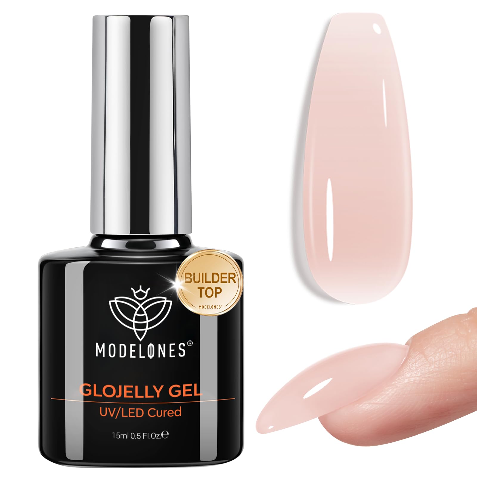 Modelones Nude Builder botella 15 ml, brillo duradero para uñas.