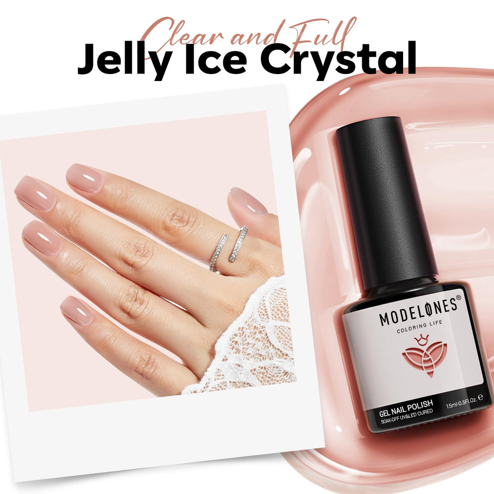 Modelones nude gel polish at-home manicure scene with soft pink base.