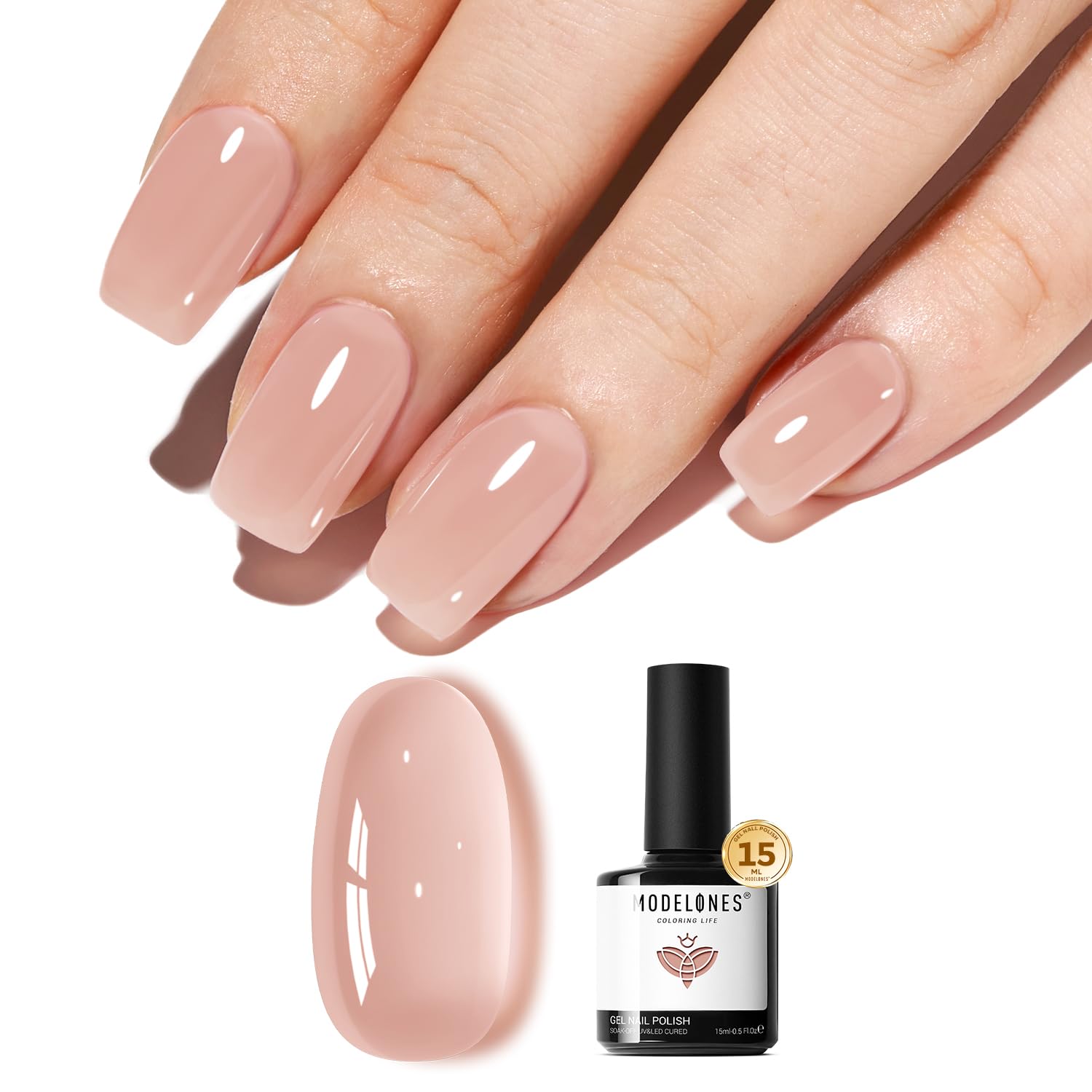 Modelones nude gel polish bottle, 15ml, ideal for at-home manicures.