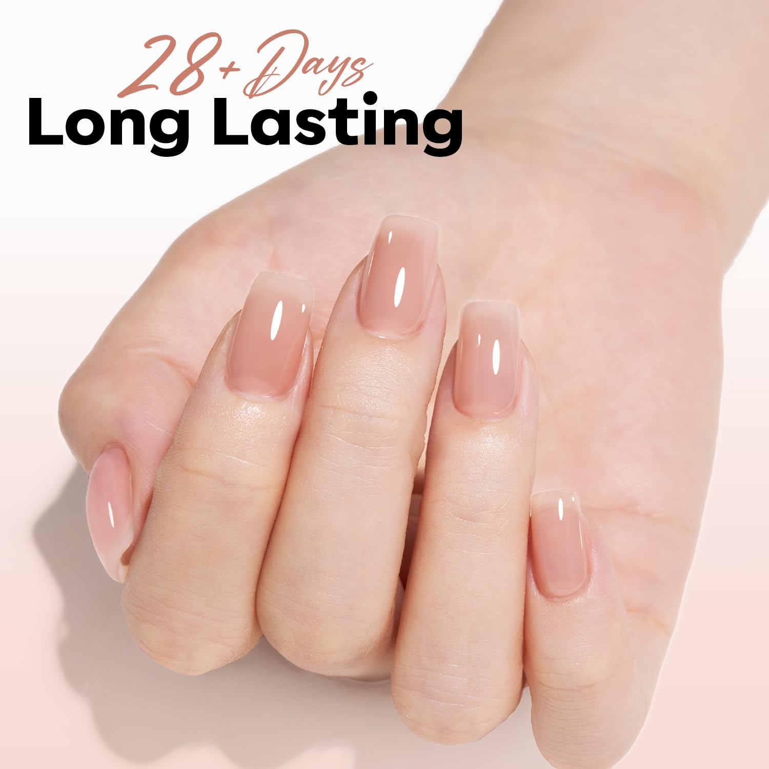 Modelones nude gel polish close-up on brush application, glossy result.