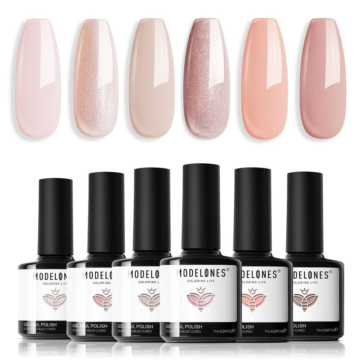 Modelones nude gel polish colección de 6 colores para look diario natural.