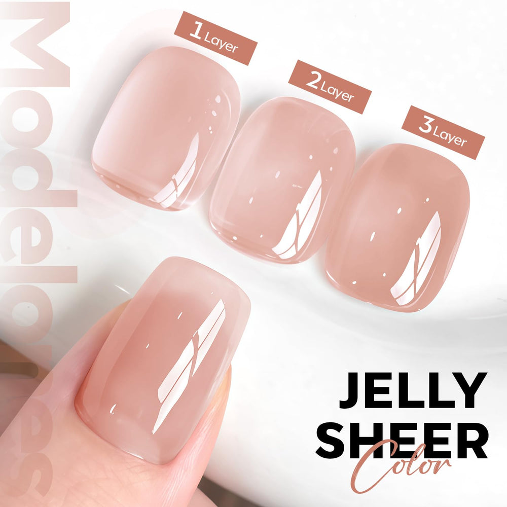 Modelones nude gel polish swatch in natural pink, showcasing translucent finish.