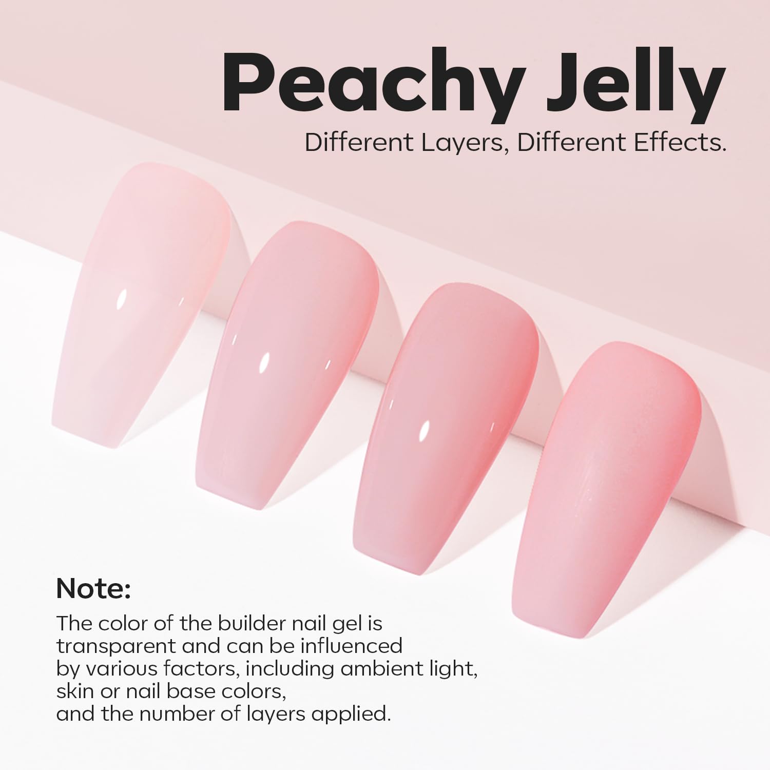 Built-in brush and self-leveling gel enable easy application on the peachy pink base.