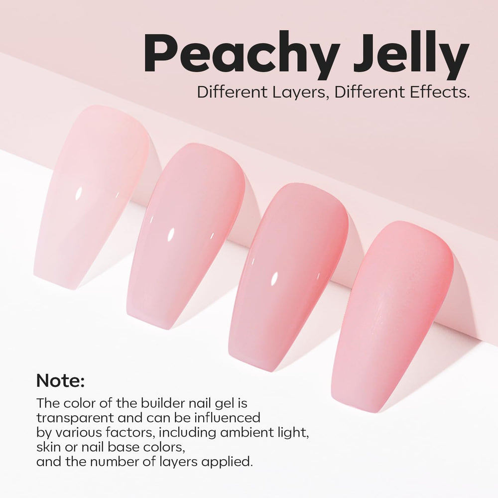 Built-in brush and self-leveling gel enable easy application on the peachy pink base.