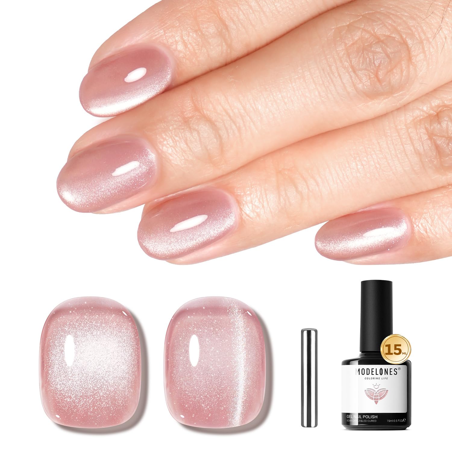 Modelones Pink Cat Eye Gel Nail Polish bottle showing 15 ml capacity for long wear.