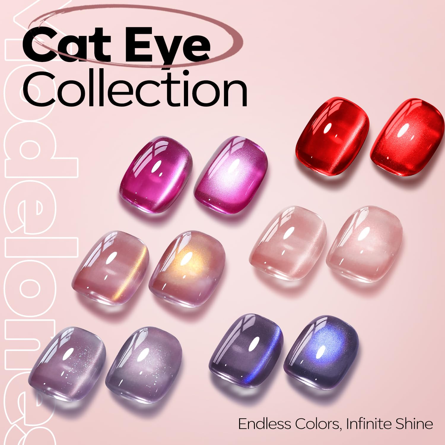 Modelones Pink Cat Eye Gel Nail Polish displays holo-chameleon shift at different angles.