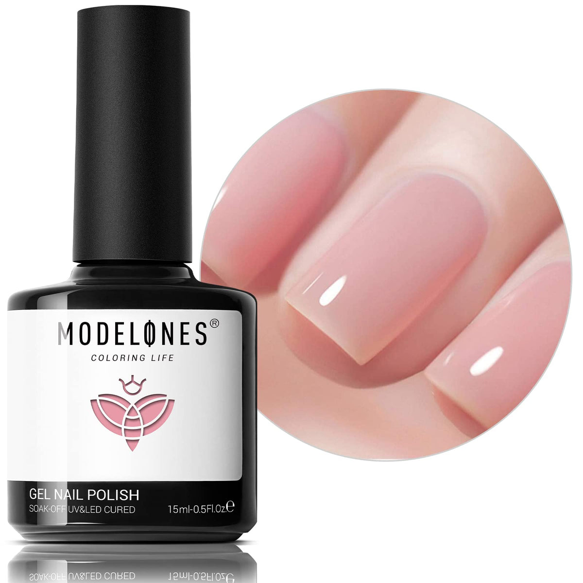 Modelones pink gel nail polish 15ml bottle shown for at-home use with long-lasting shine