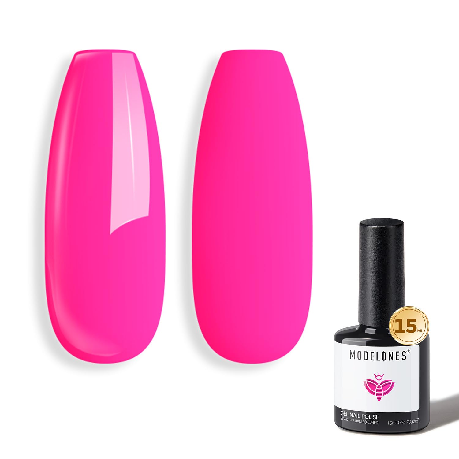 Modelones pink gel nail polish bottle front showing vibrant color for DIY salon looks