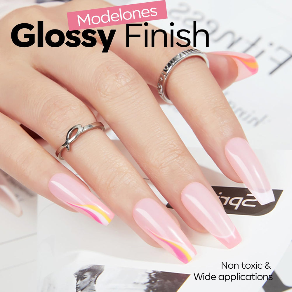 Modelones pink gel polish on nails delivering long-wear and shine.