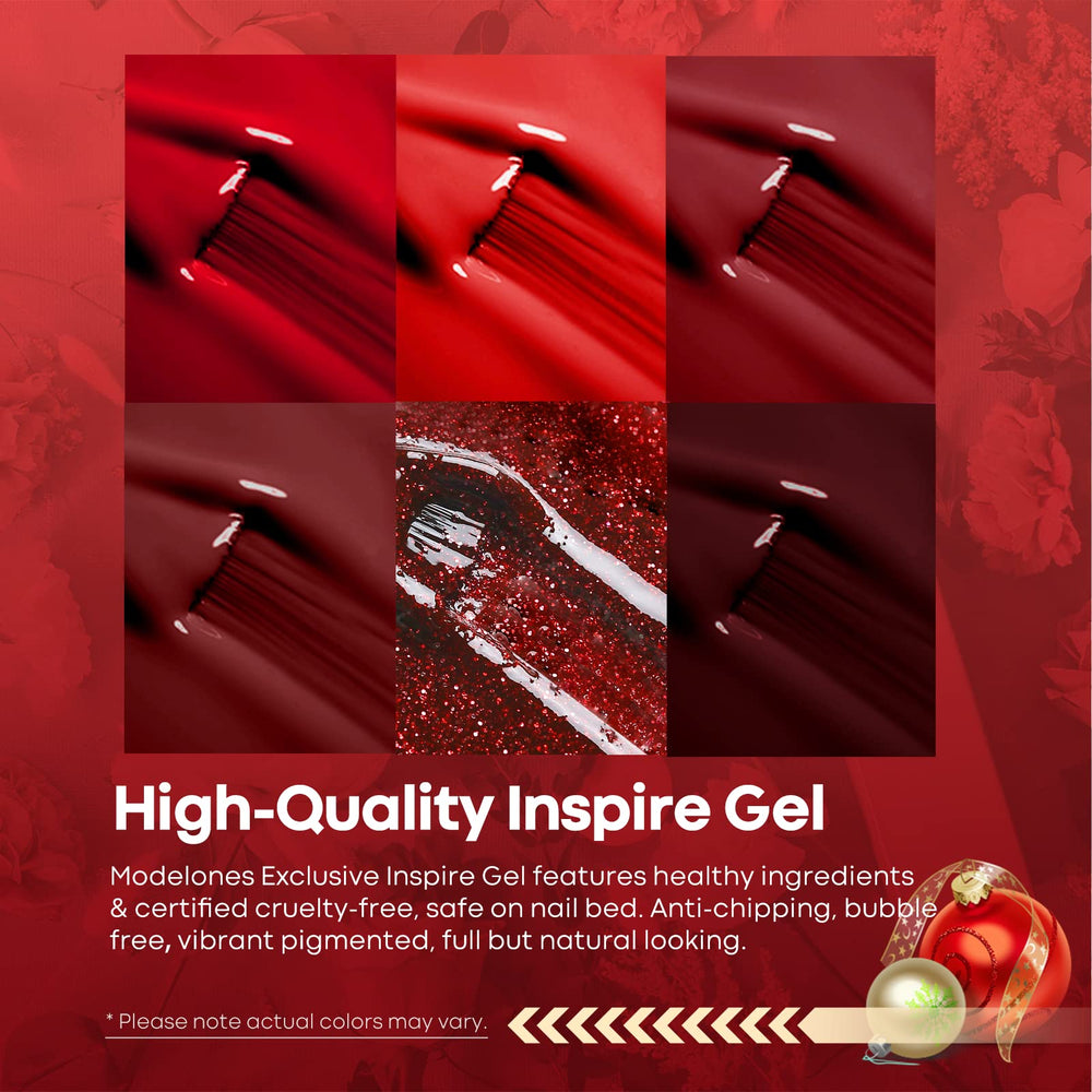 Modelones red gel nail polish bottle close-up showcasing burgundy shade and shine.