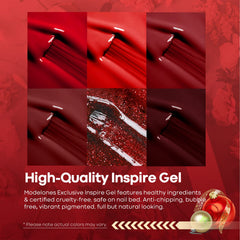 Modelones red gel nail polish bottle close-up showcasing burgundy shade and shine.