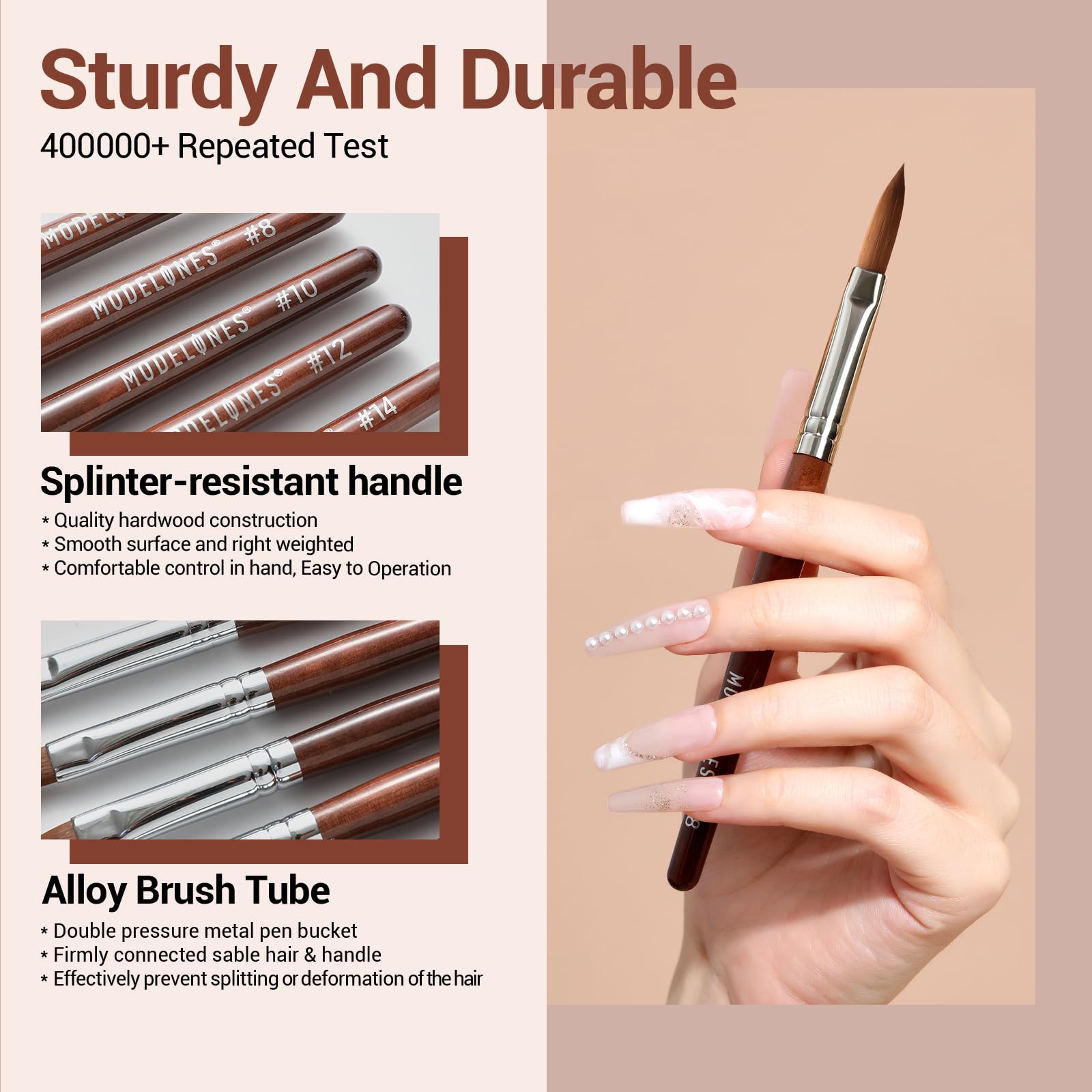 Modelones red wood handle nail brush in use for steady acrylic application