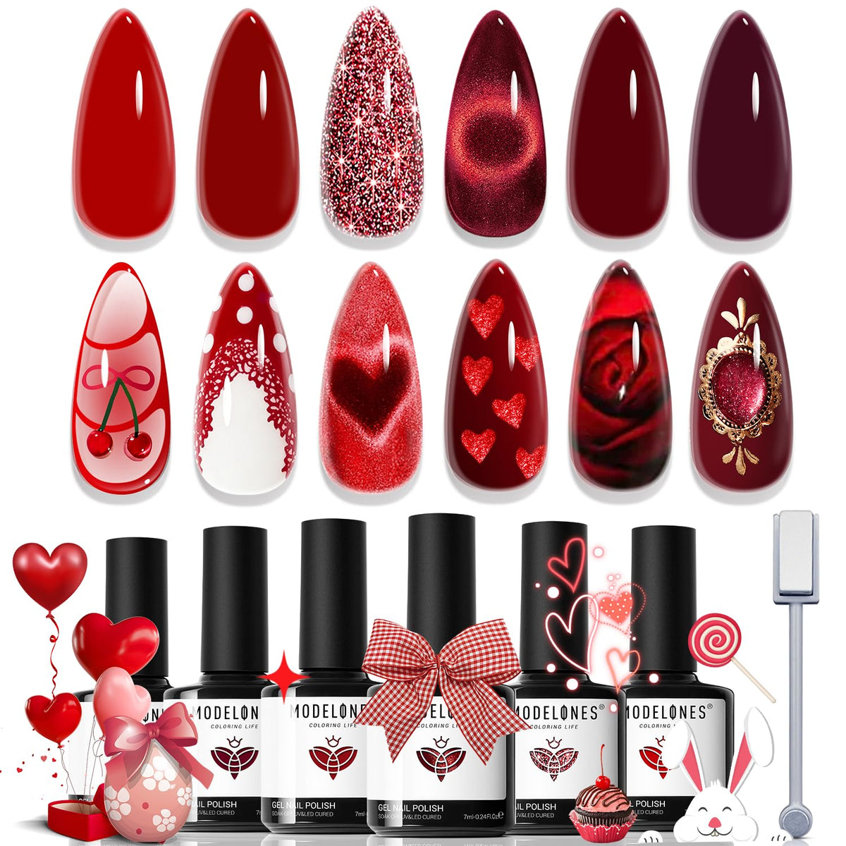 Set de gel rojo de Modelones con seis colores para manicura versátil.