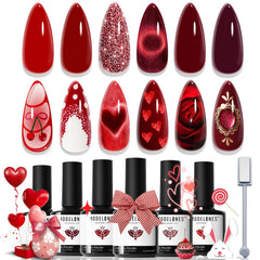 Set de gel rojo de Modelones con seis colores para manicura versátil.