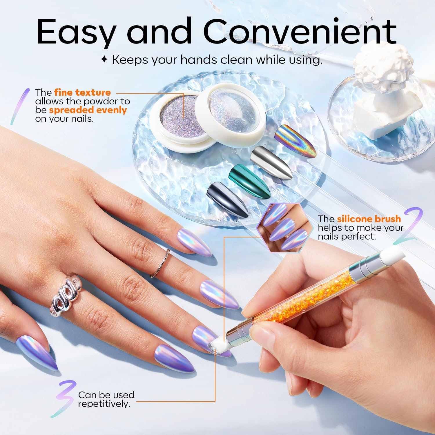 Modelones silicone nail brush for smooth powder application.
