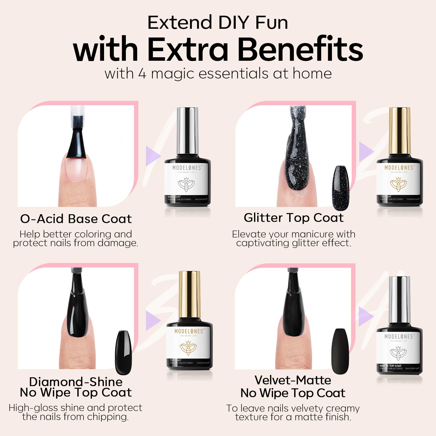 Modelones soak-off formula allows easy, safe removal.