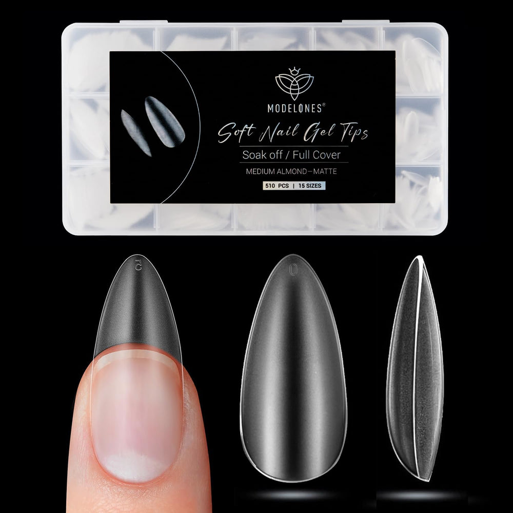 Modelones tips de uñas almendra media: 510 piezas en caja para selección rápida.