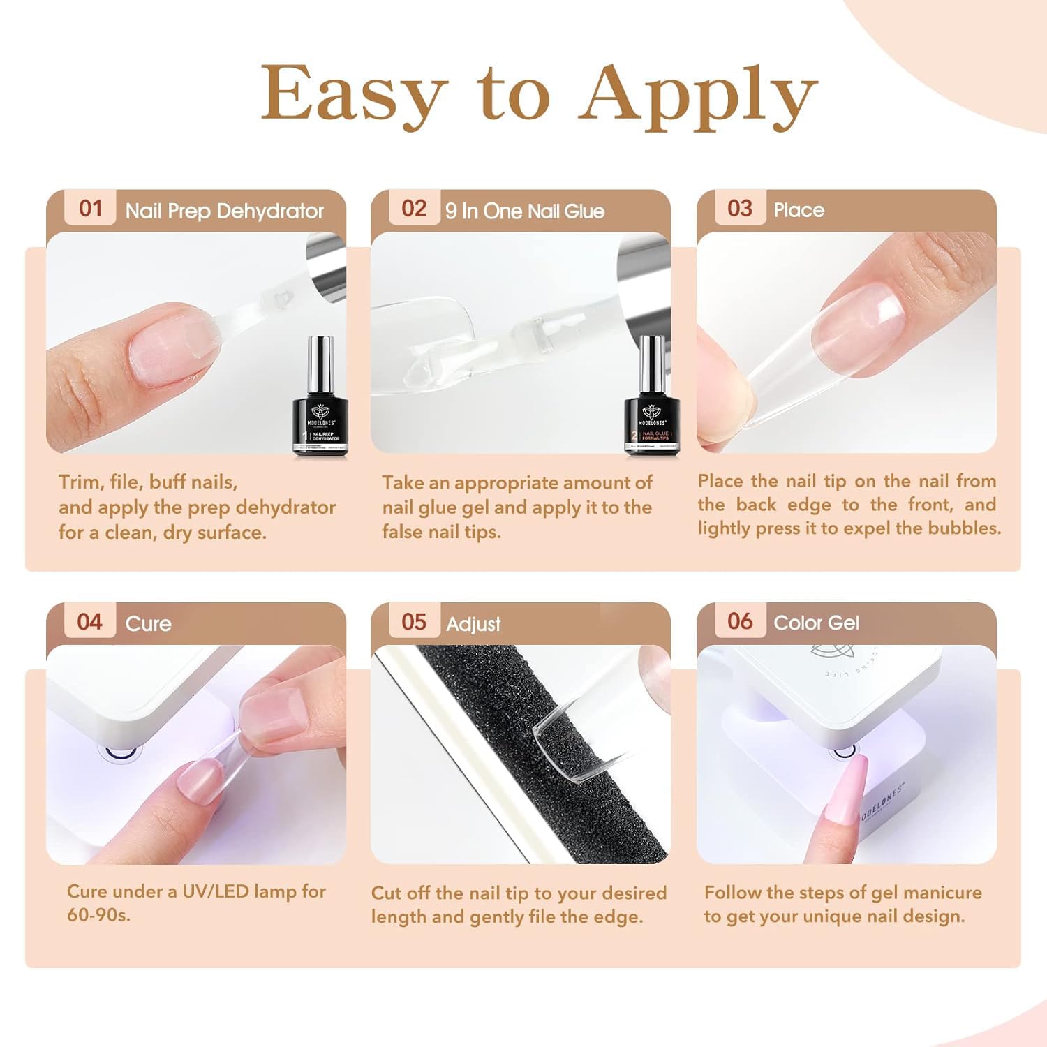 Modelones tips de uñas falsas, compatibles con acrílicas y gel.